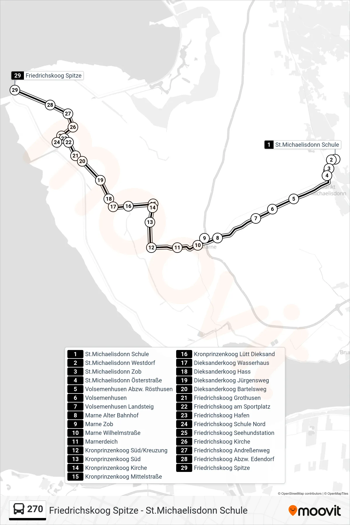 270 bus Line (Friedrichskoog Spitze) route and stops on a map