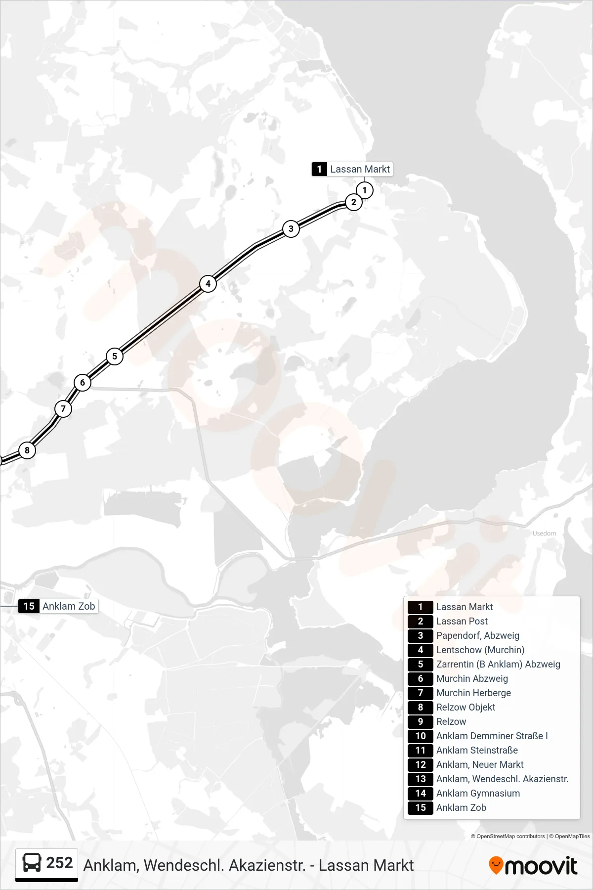 252 bus Line (Anklam Zob) route and stops on a map