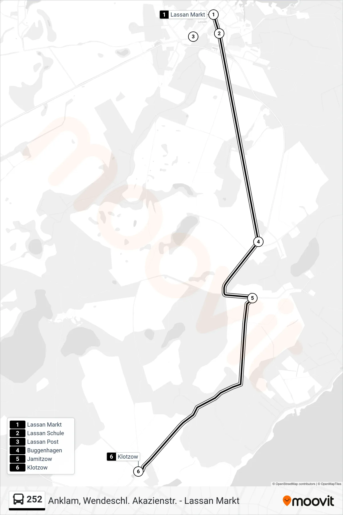 Linie 252 (Bus) Richtung Klotzow: Route und Haltestellen auf der Karte