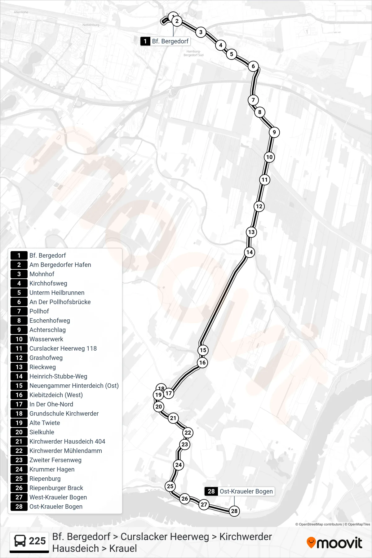225 bus Line (Ost-Kraueler Bogen) route and stops on a map