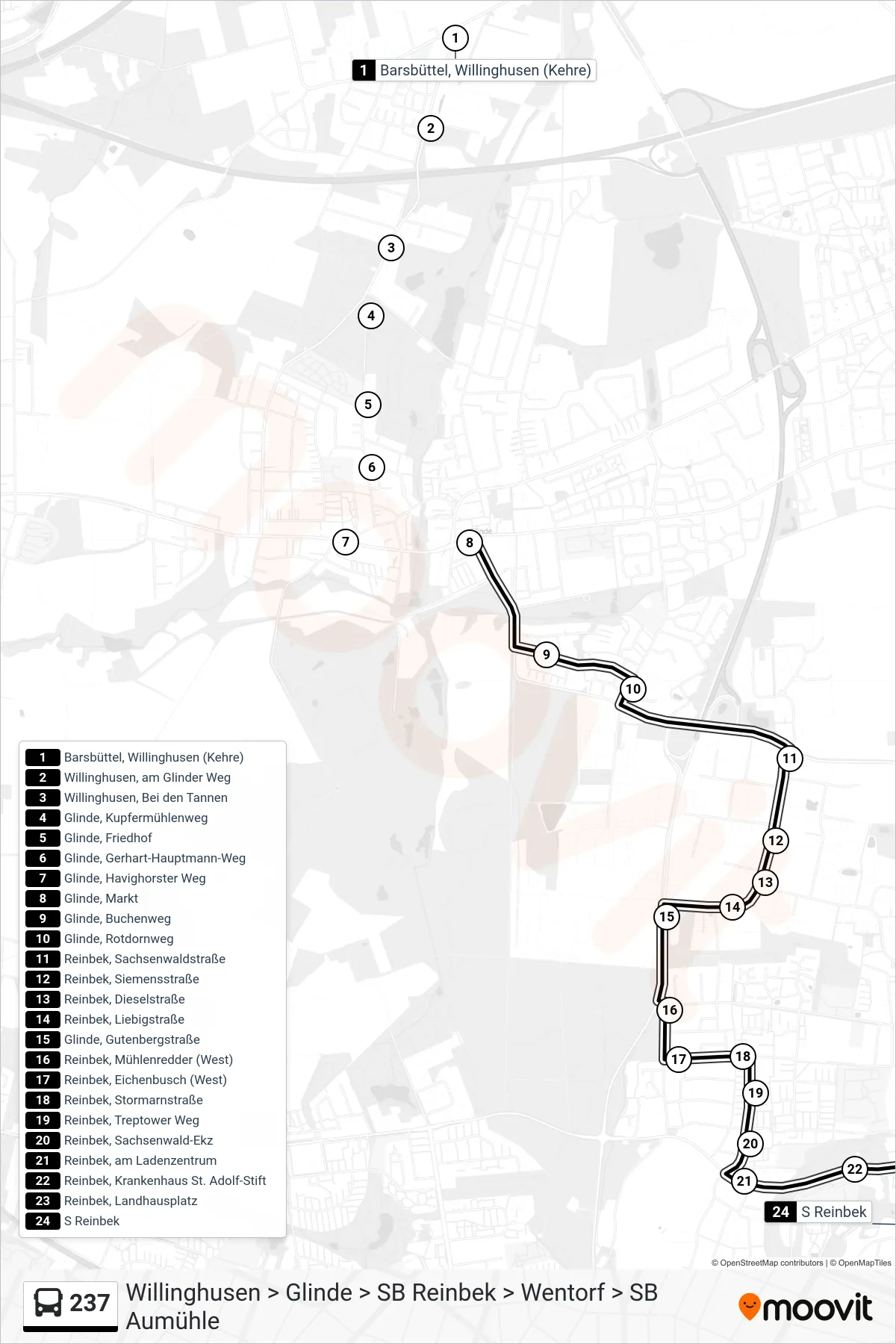 237 bus Line (S Reinbek) route and stops on a map
