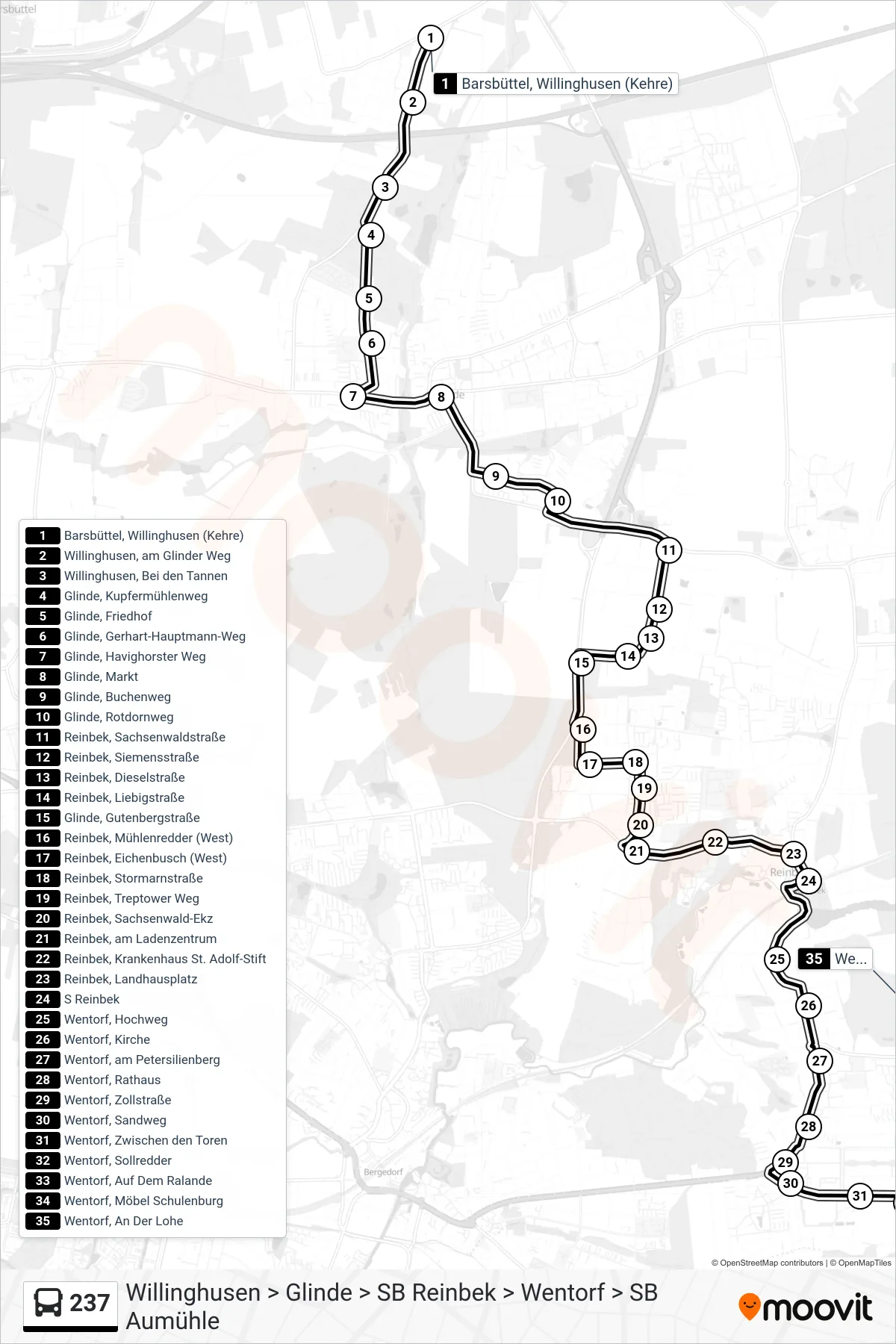 237 bus Line (Wentorf, An Der Lohe) route and stops on a map