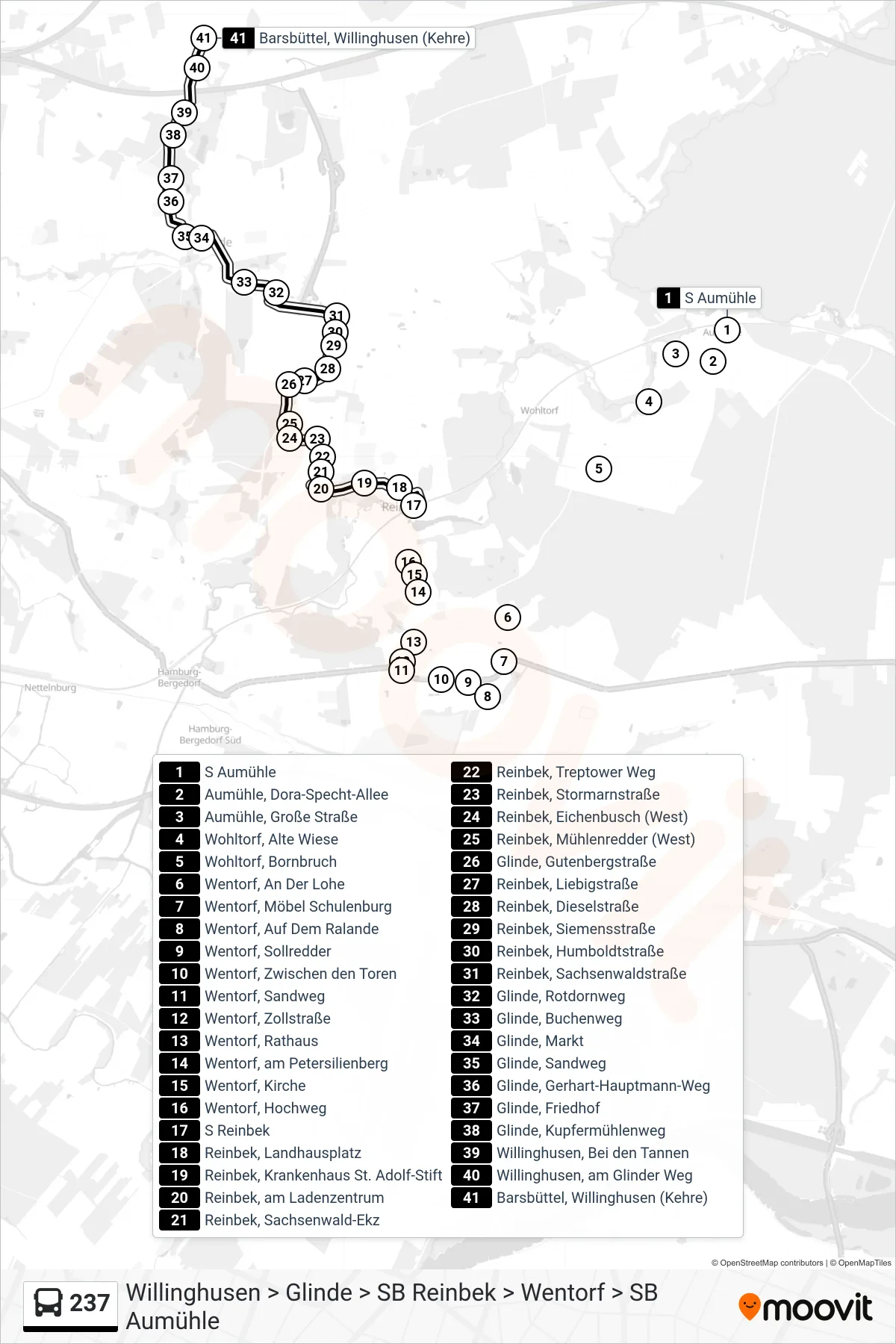 237 bus Line (Barsbüttel, Willinghusen (Kehre)) route and stops on a map