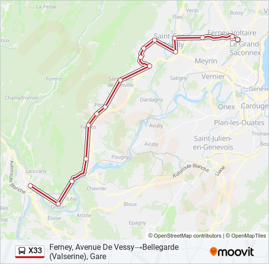 Plan de la ligne X33 de bus