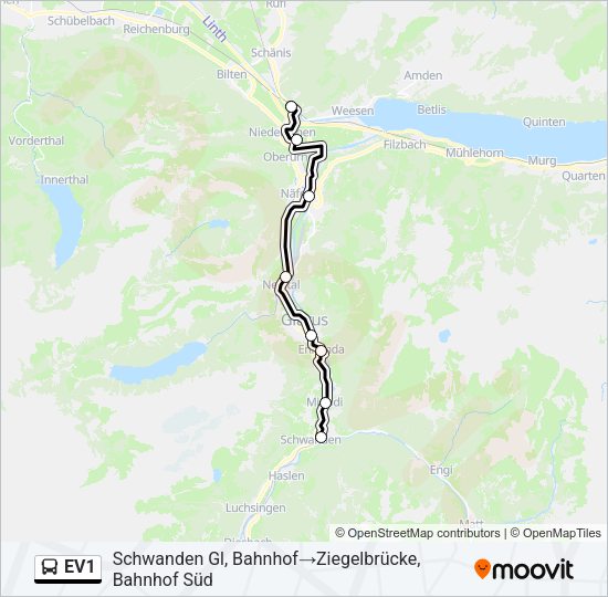EV1 Bus Line Map