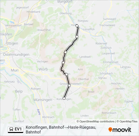 Plan de la ligne EV1 de bus