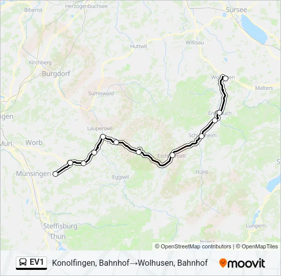Plan de la ligne EV1 de bus