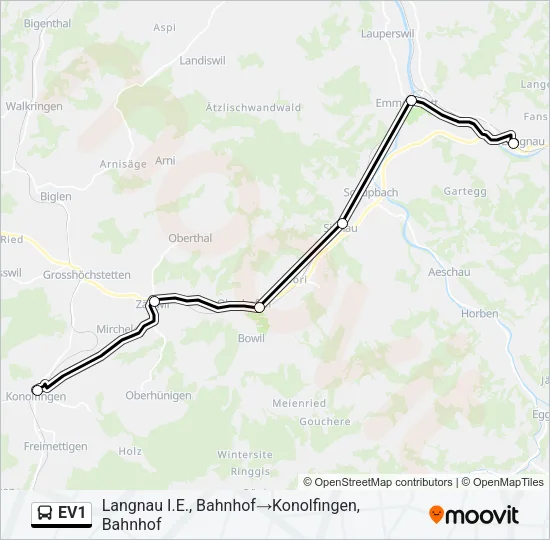 Plan de la ligne EV1 de bus