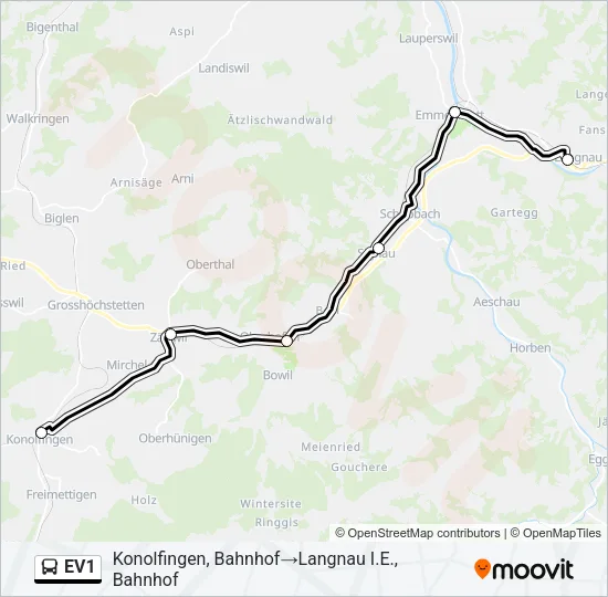 Plan de la ligne EV1 de bus