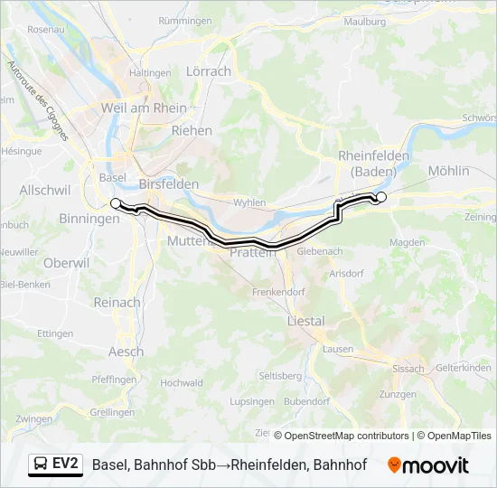 Plan de la ligne EV2 de bus