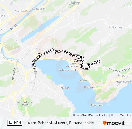 N14 Bus Line Map