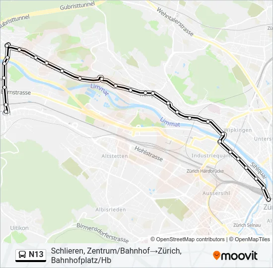 Plan de la ligne N13 de bus