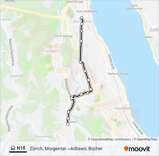 Plan de la ligne N18 de bus