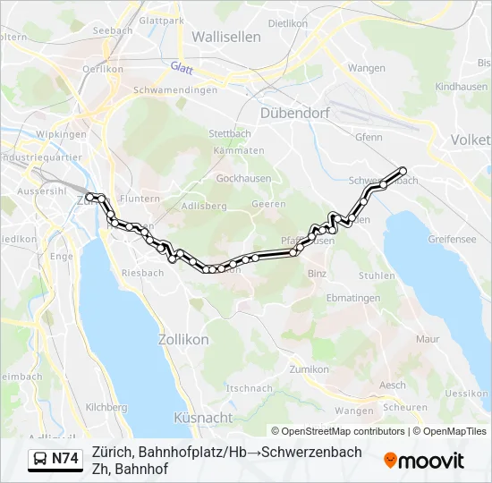 Plan de la ligne N74 de bus
