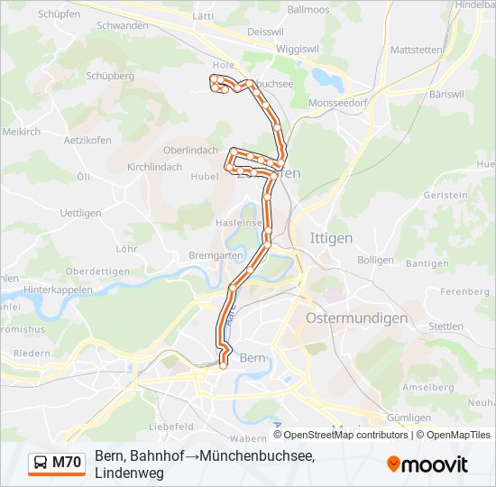 Plan de la ligne M70 de bus