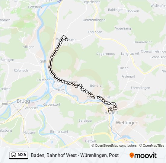 N36 bus Line Map