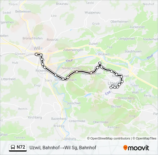 Plan de la ligne N72 de bus