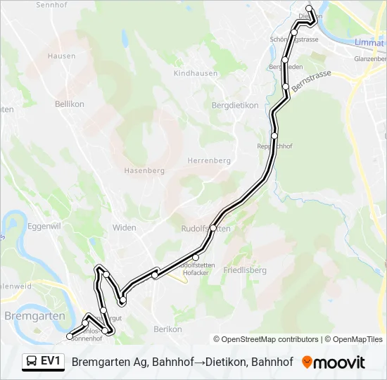 Plan de la ligne EV1 de bus
