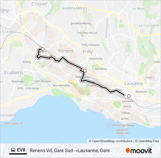 Plan de la ligne EV8 de bus