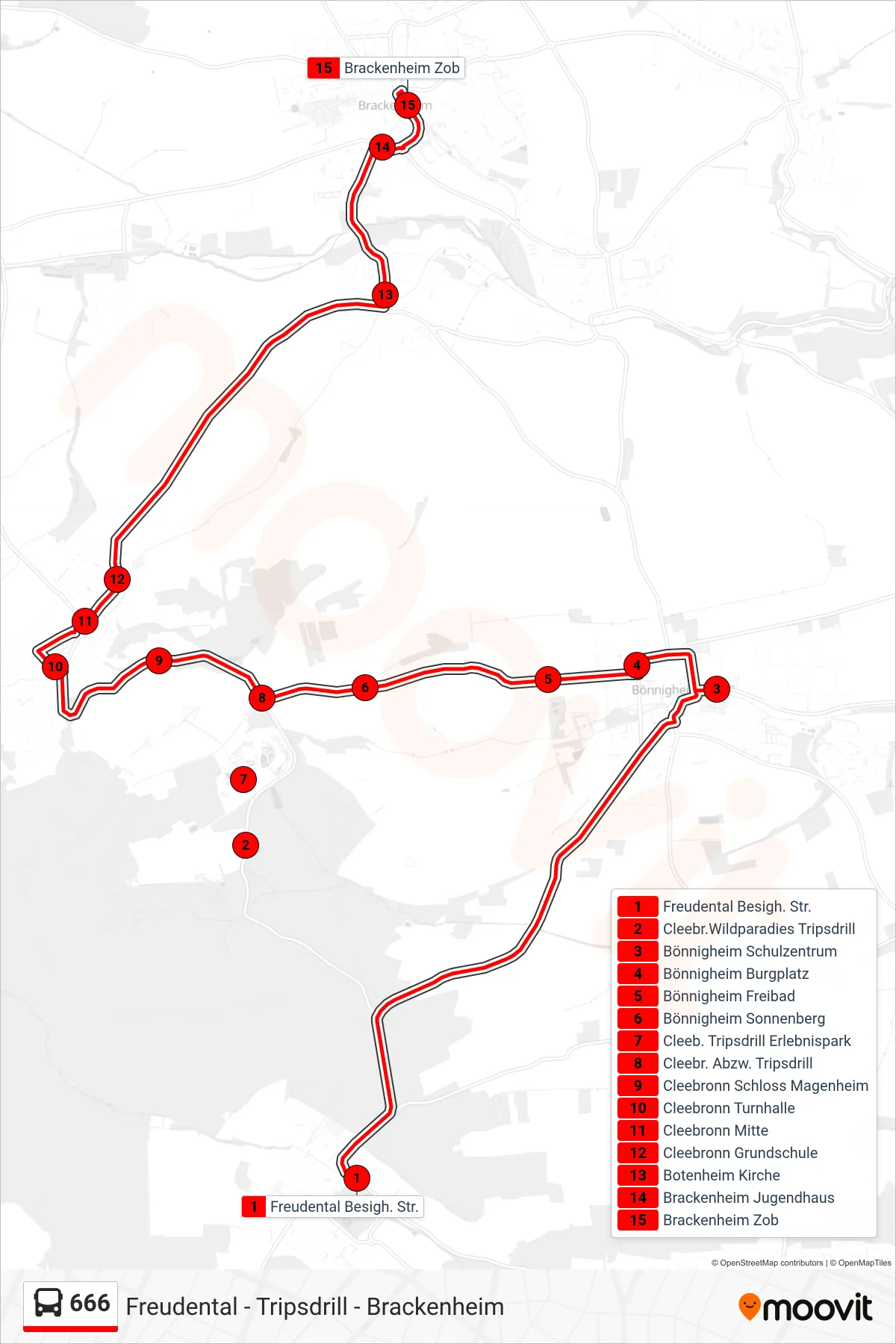 666 bus Line (Brackenheim Zob) route and stops on a map