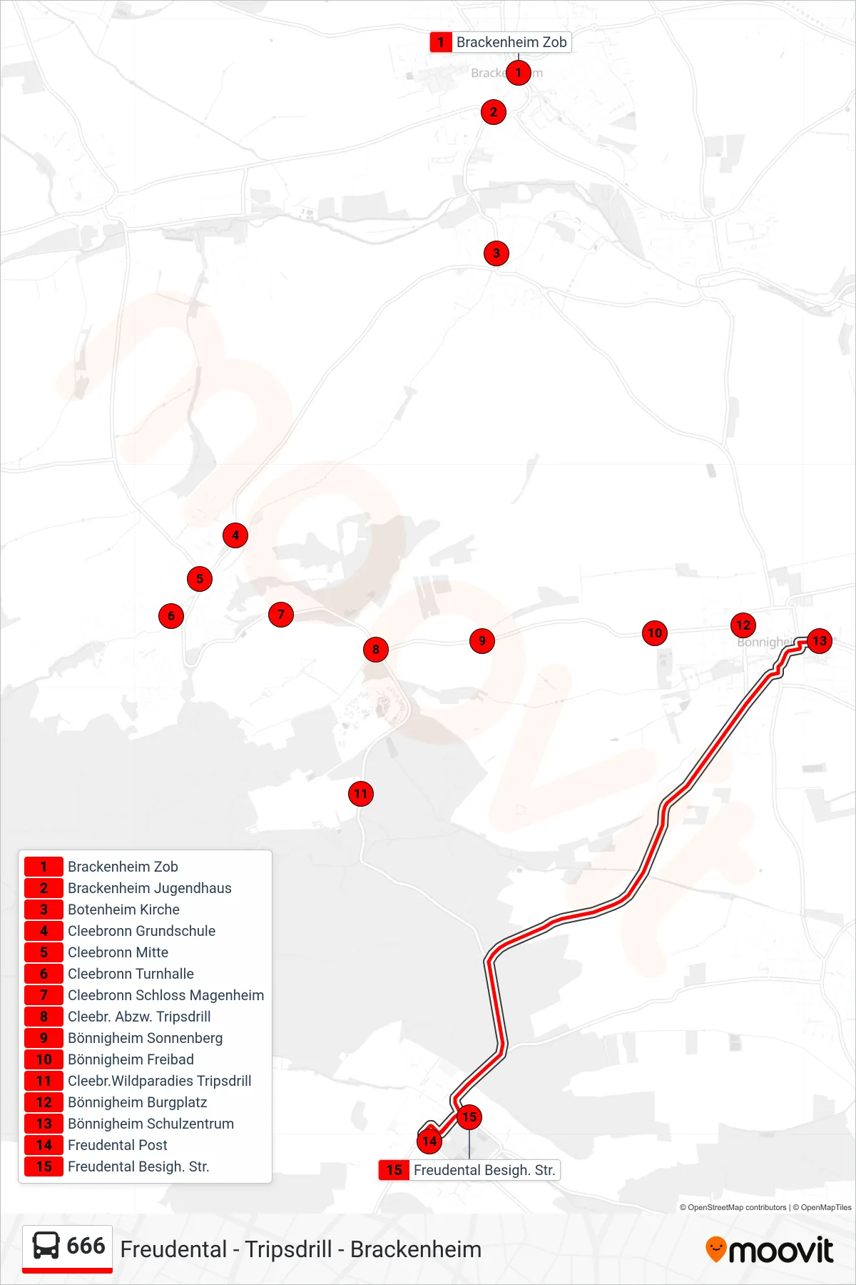666 bus Line (Freudental Besigh. Str.) route and stops on a map