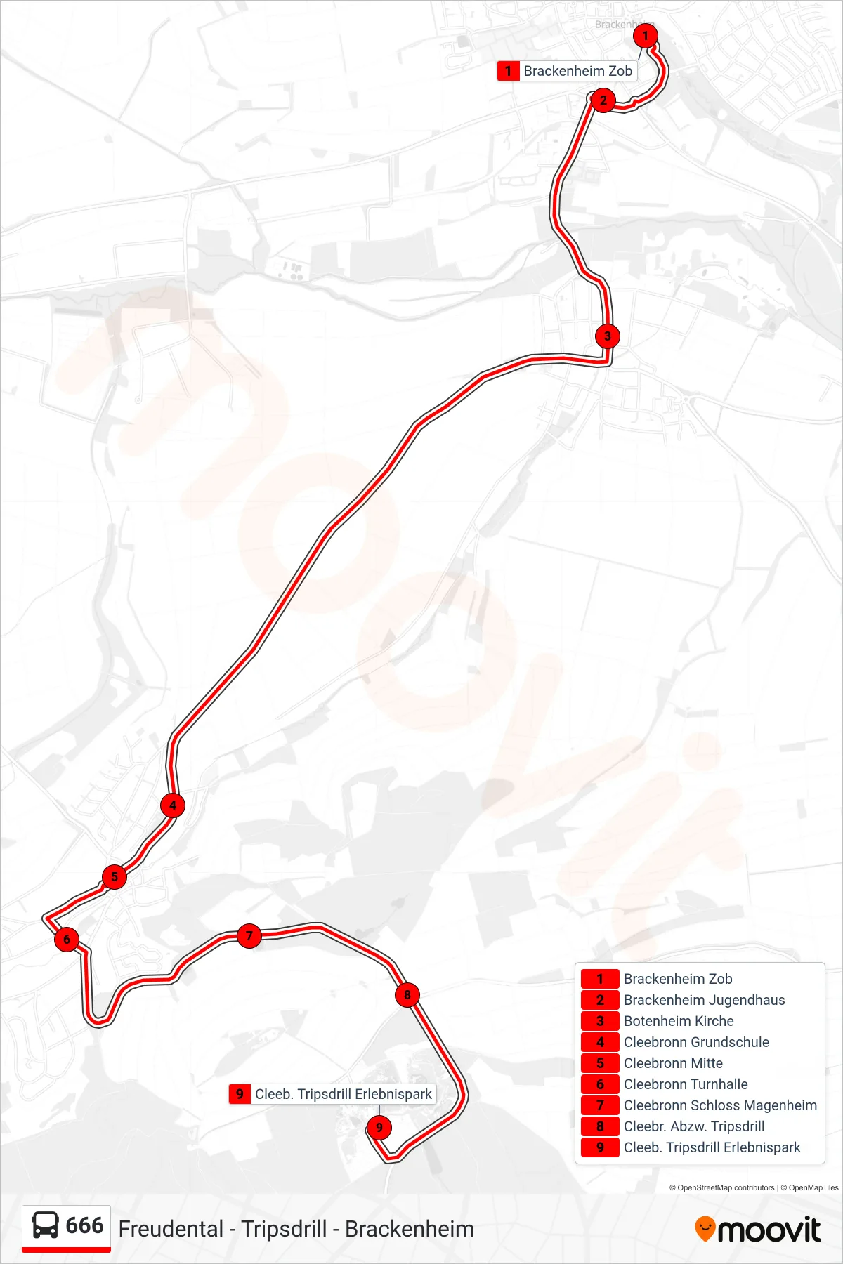 Linie 666 (Bus) Richtung Cleeb. Tripsdrill Erlebnispark: Route und Haltestellen auf der Karte