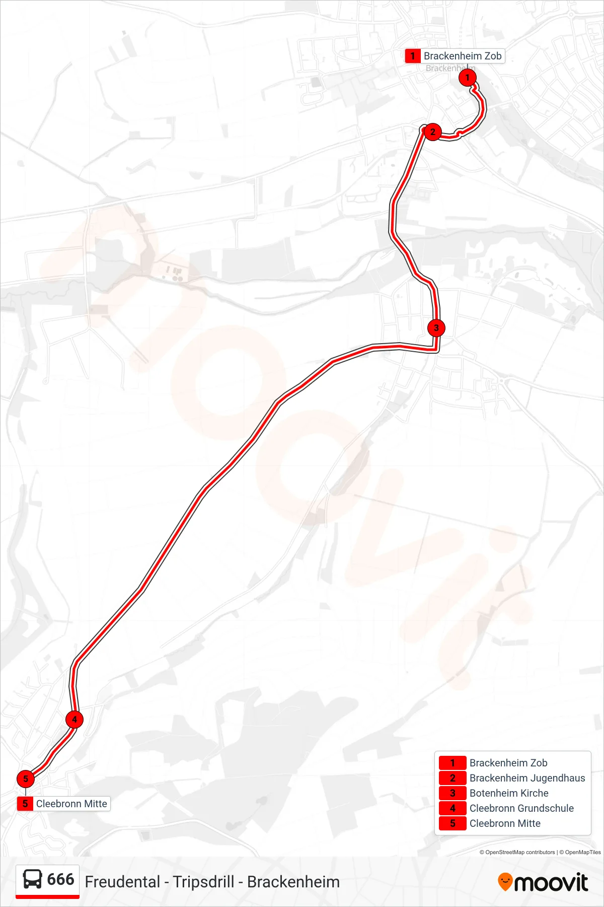 666 bus Line (Cleebronn Mitte) route and stops on a map
