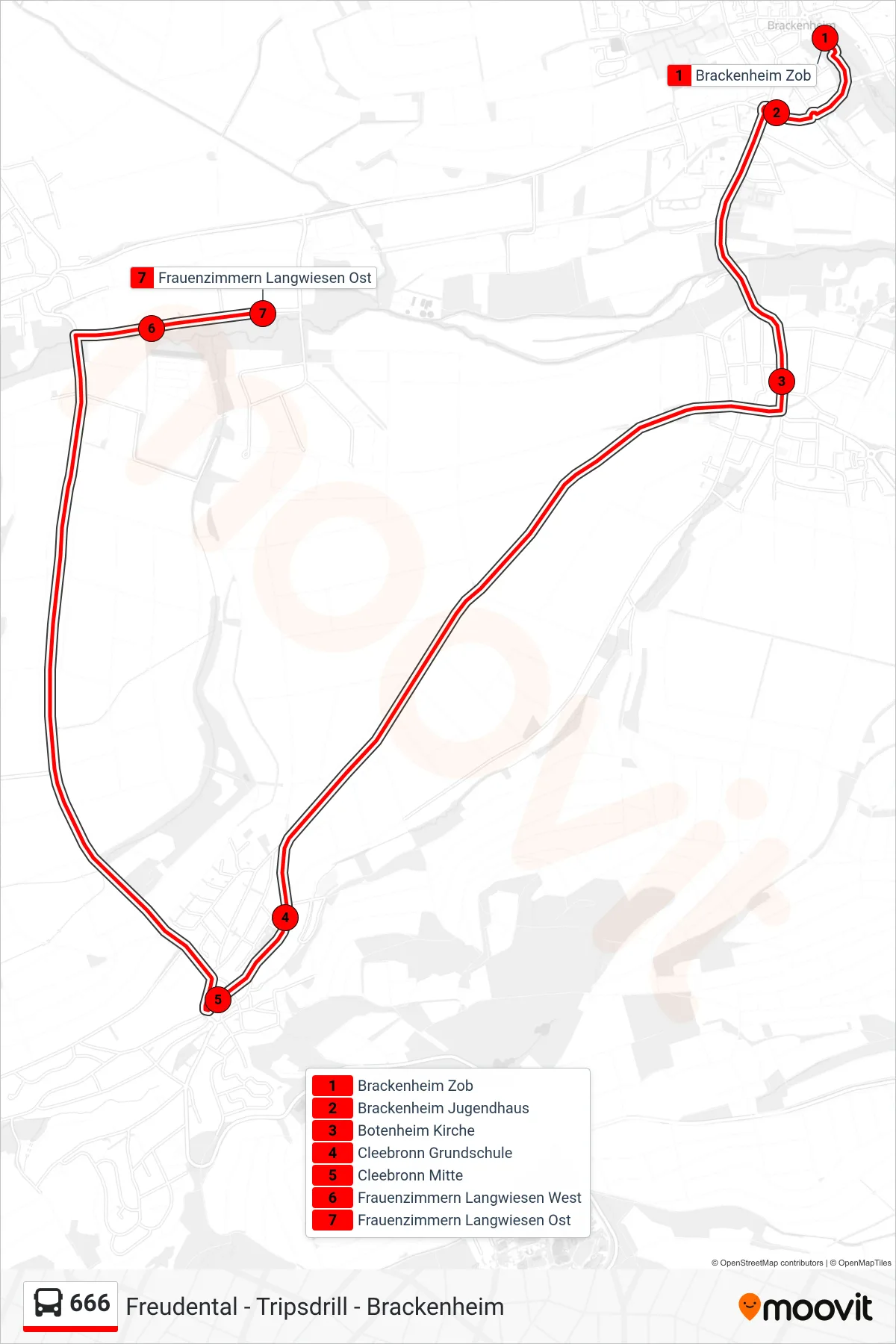 666 bus Line (Frauenzimmern Langwiesen Ost) route and stops on a map