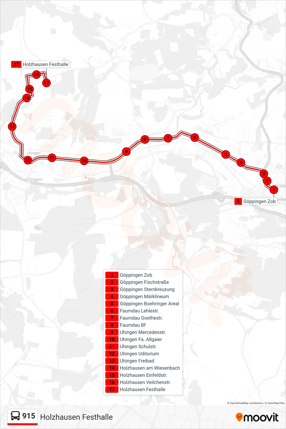 915 bus Line (Holzhausen Festhalle) route and stops on a map
