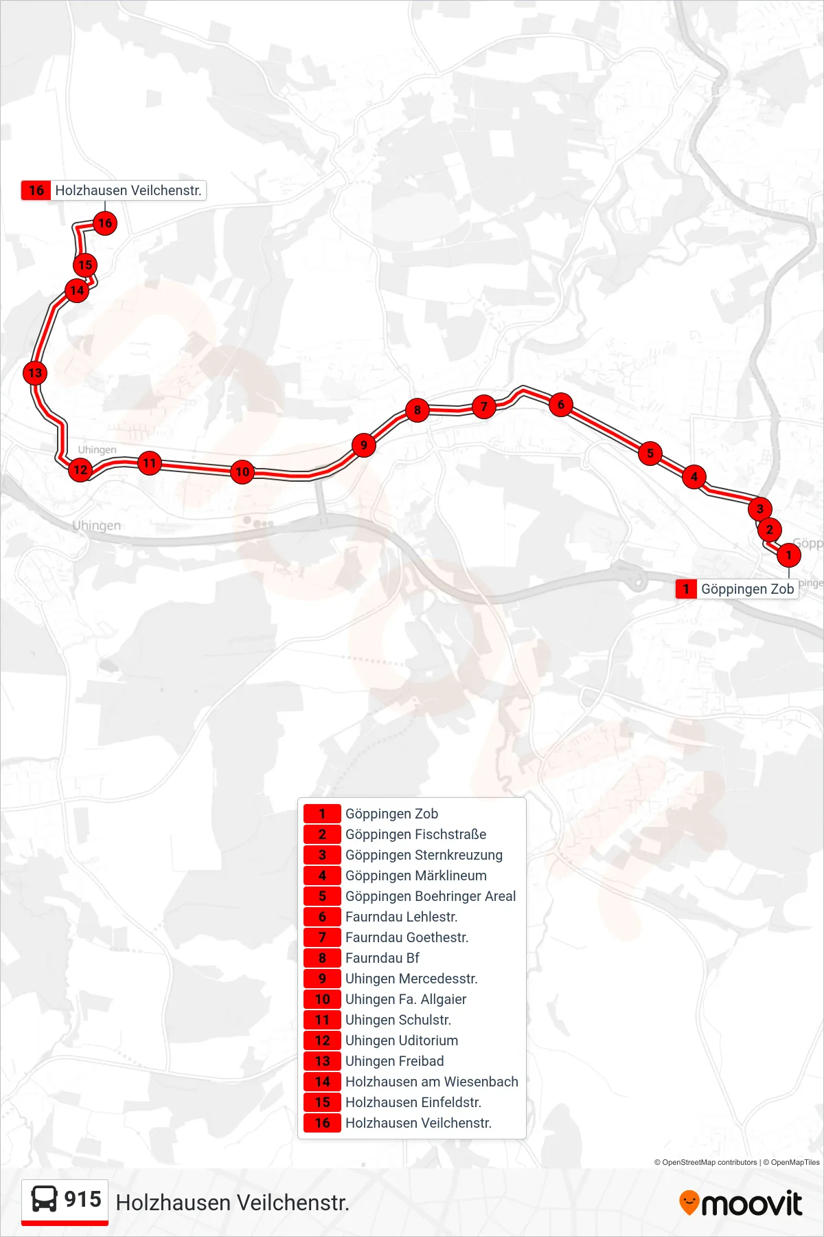 Linie 915 (Bus) Richtung Holzhausen Veilchenstr.: Route und Haltestellen auf der Karte