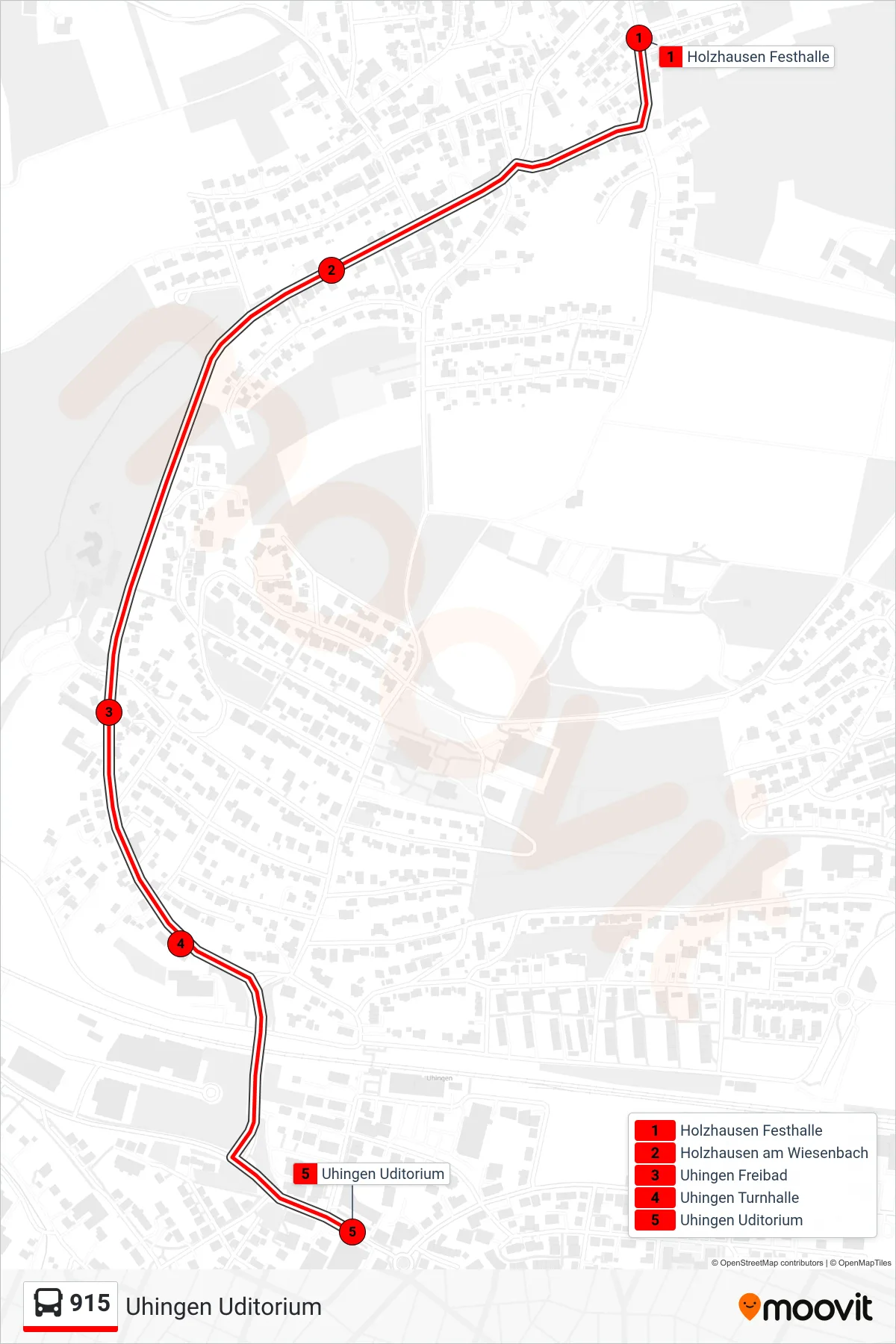 915 bus Line (Uhingen Uditorium) route and stops on a map