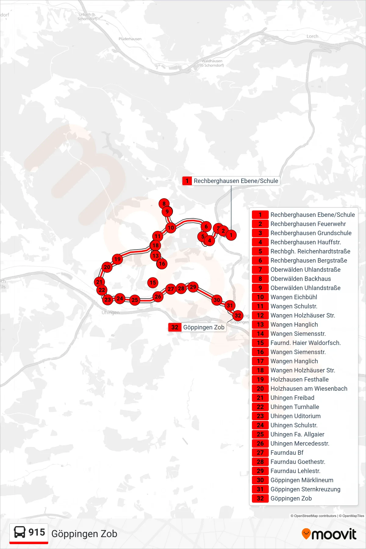 915 bus Line (Göppingen Zob) route and stops on a map