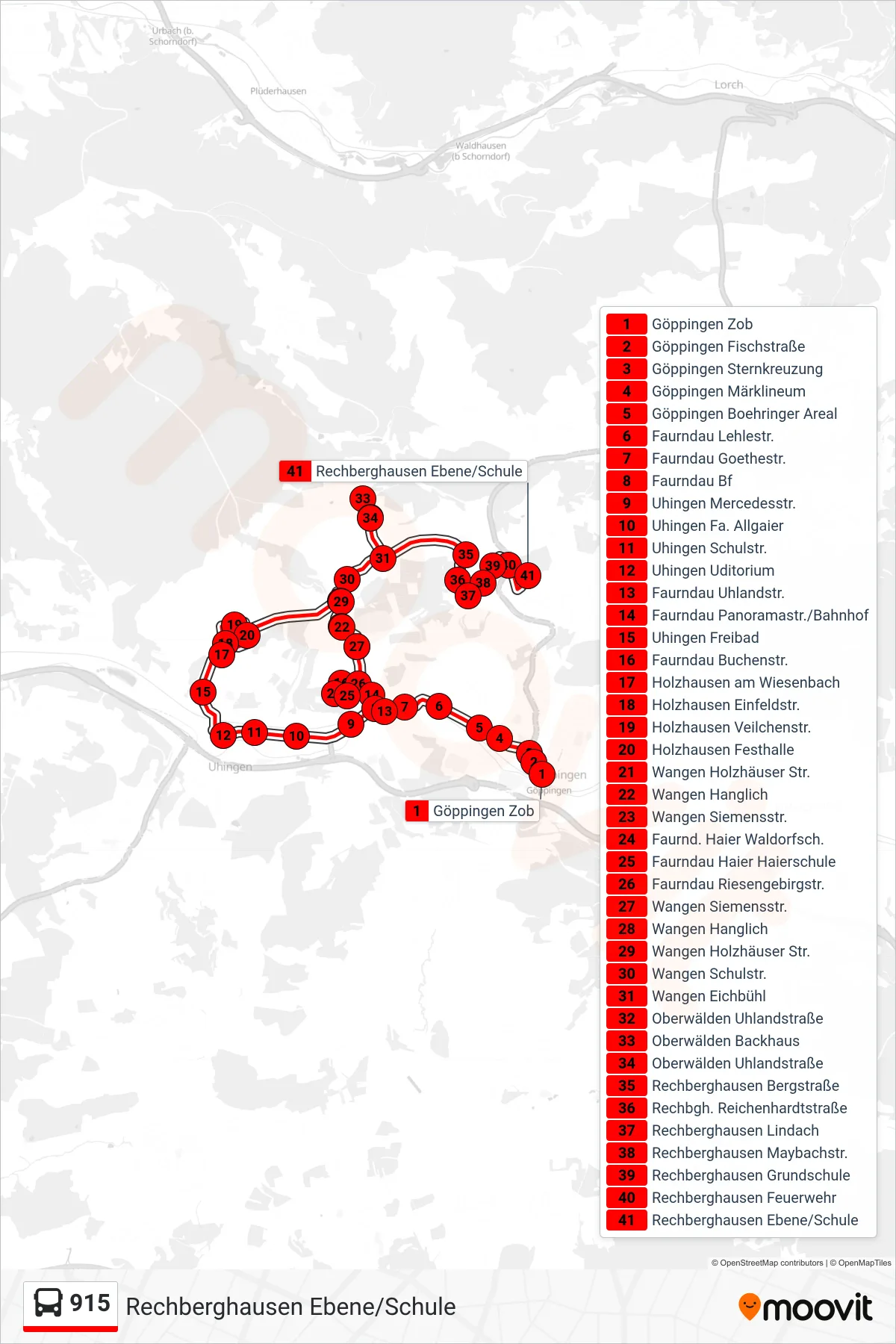 915 bus Line (Rechberghausen Ebene/Schule) route and stops on a map