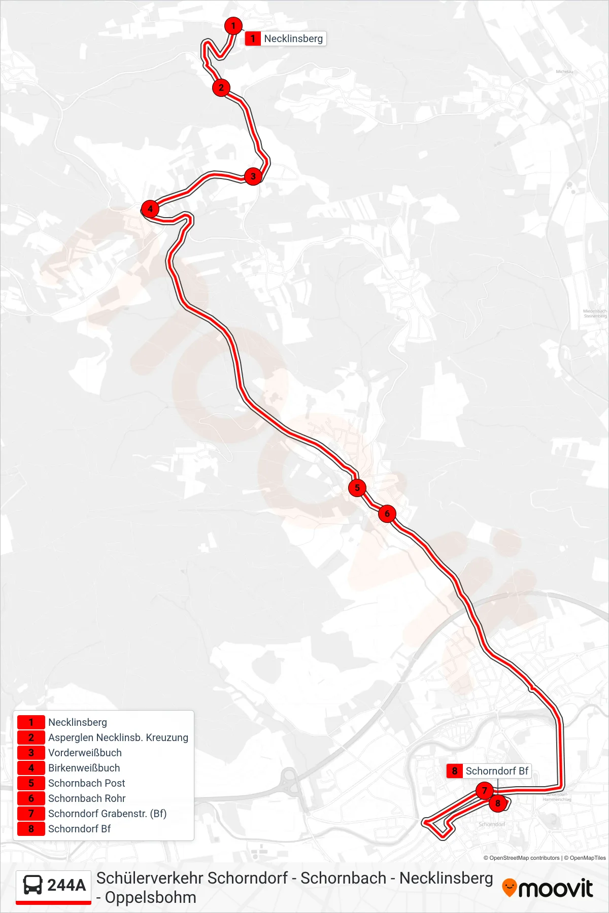 244A bus Line (Schorndorf Bf) route and stops on a map