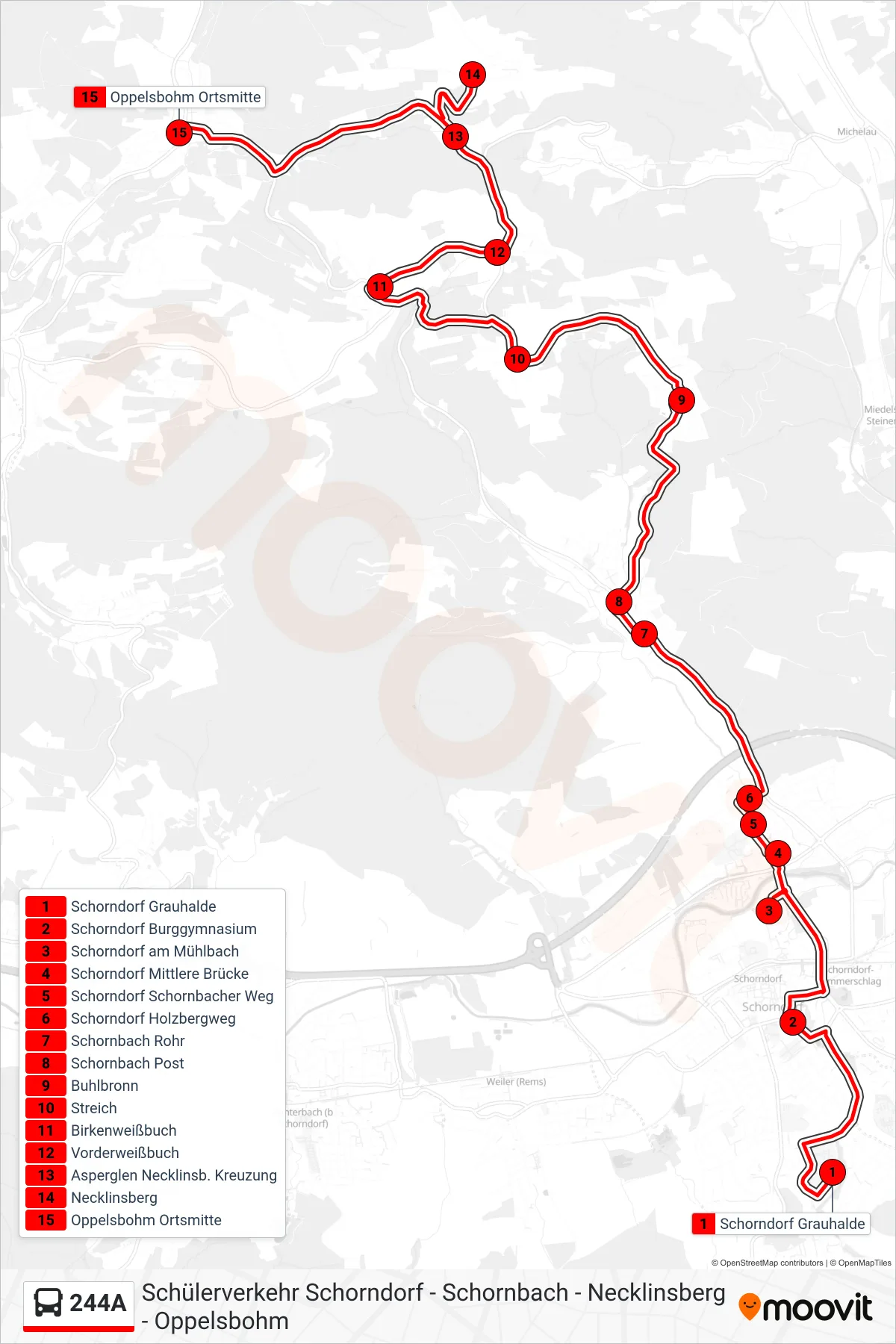 244A bus Line (Oppelsbohm Ortsmitte) route and stops on a map