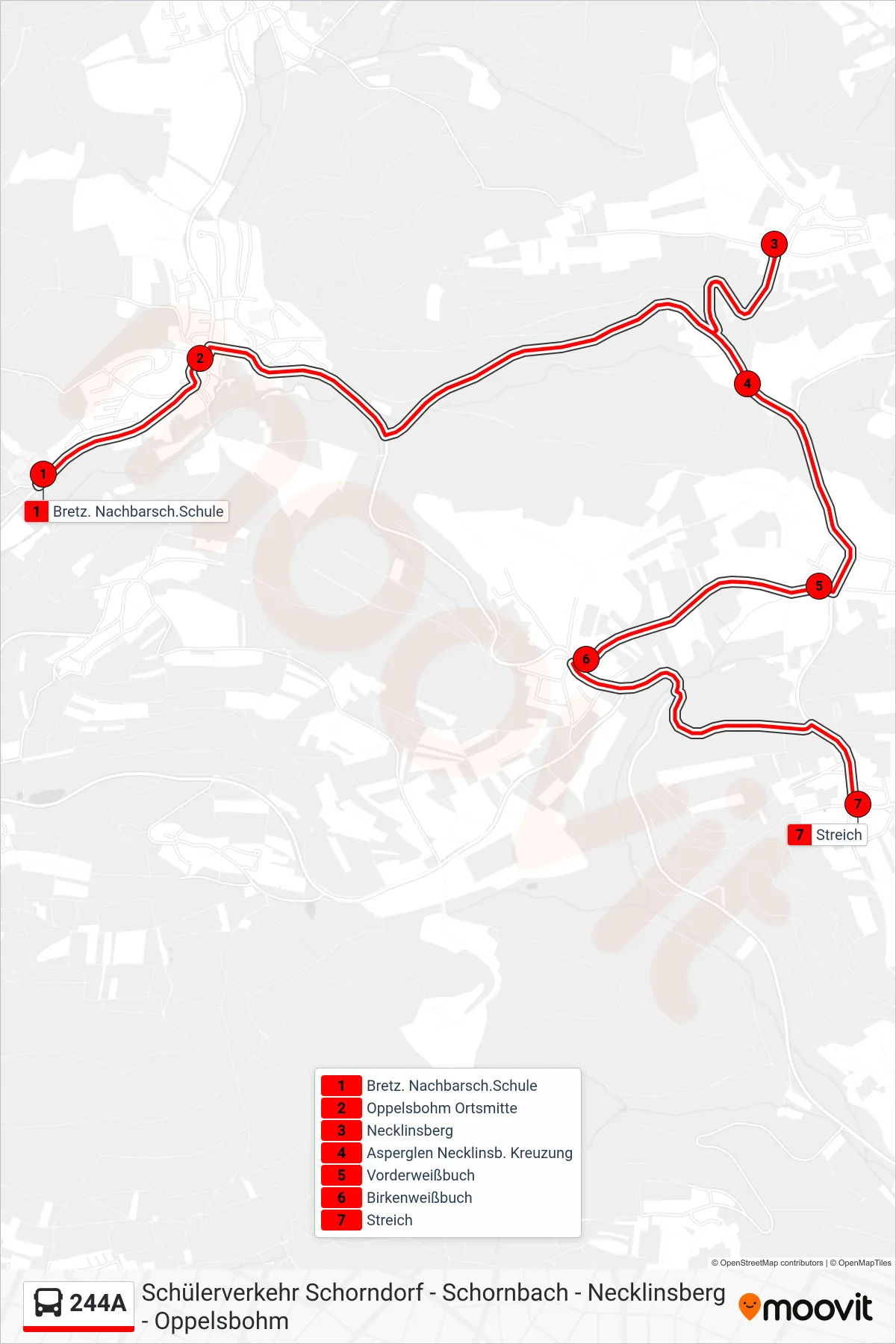 244A bus Line (Streich) route and stops on a map