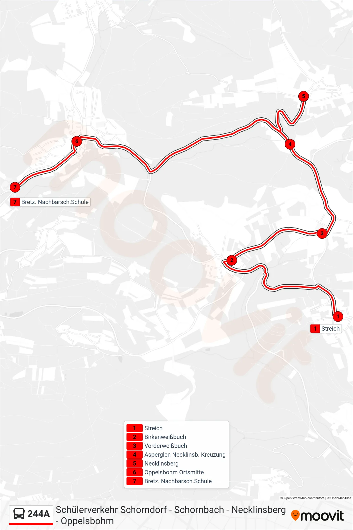 244A bus Line (Bretz. Nachbarsch.Schule) route and stops on a map