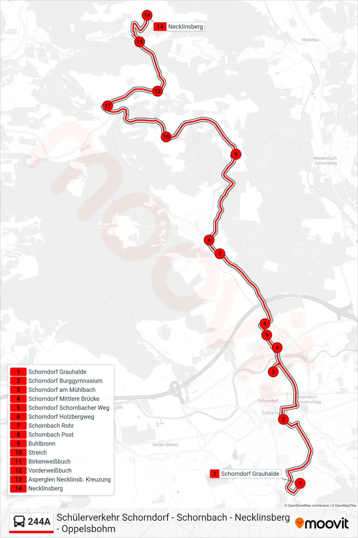 Linie 244A (Bus) Richtung Necklinsberg: Route und Haltestellen auf der Karte