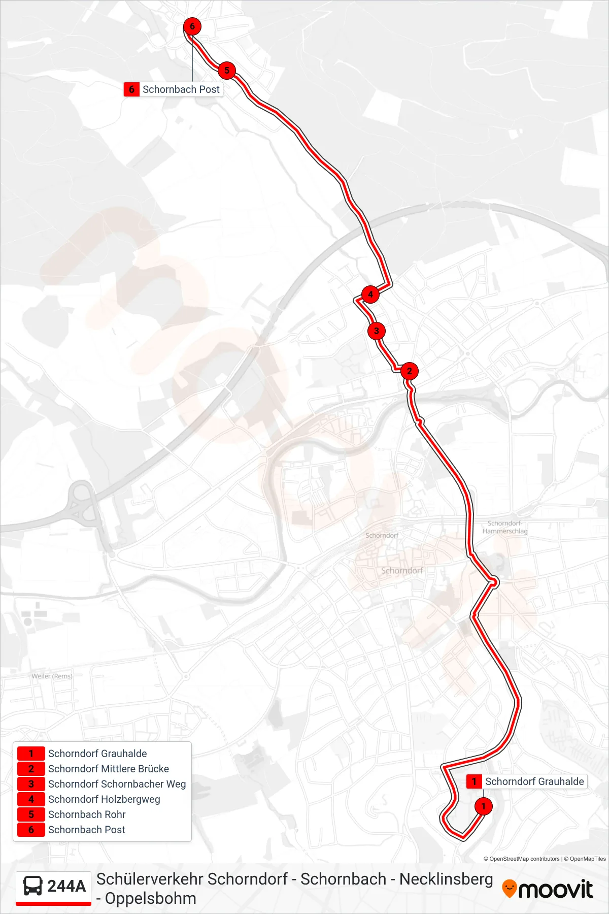 244A bus Line (Schornbach Post) route and stops on a map