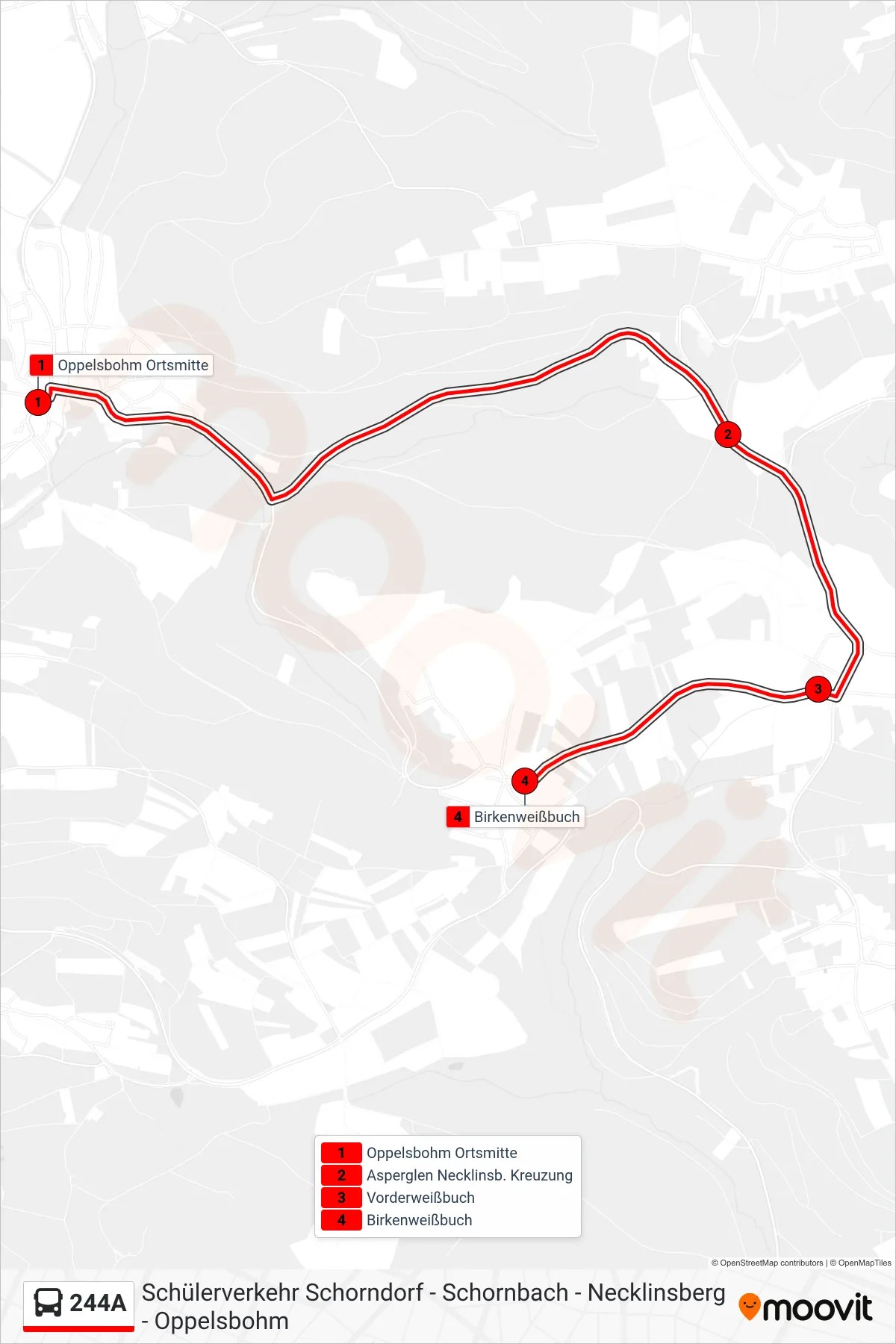 244A bus Line (Birkenweißbuch) route and stops on a map