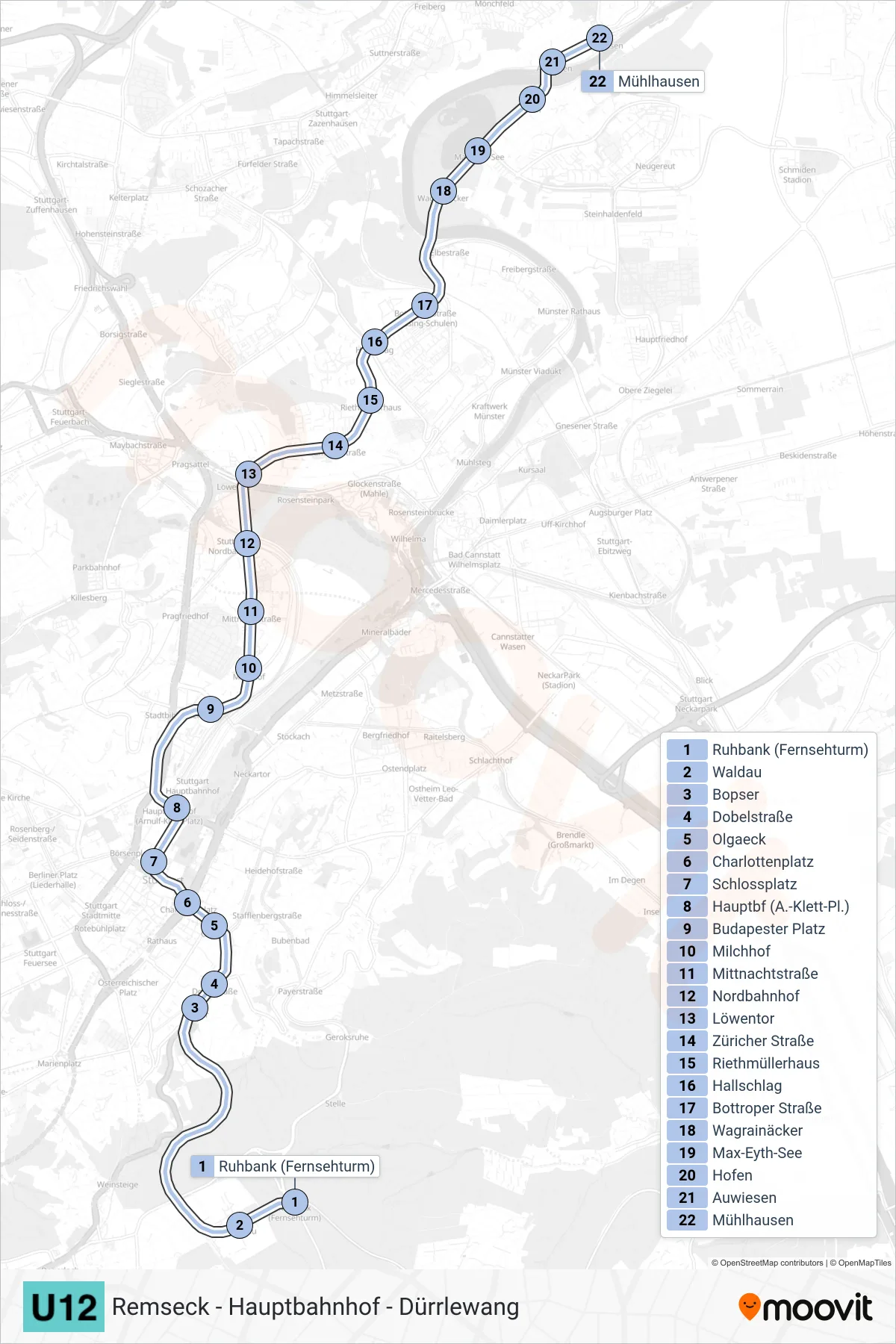 Linie U12 (U-Bahn) Richtung Mühlhausen (Stgt.): Route und Haltestellen auf der Karte