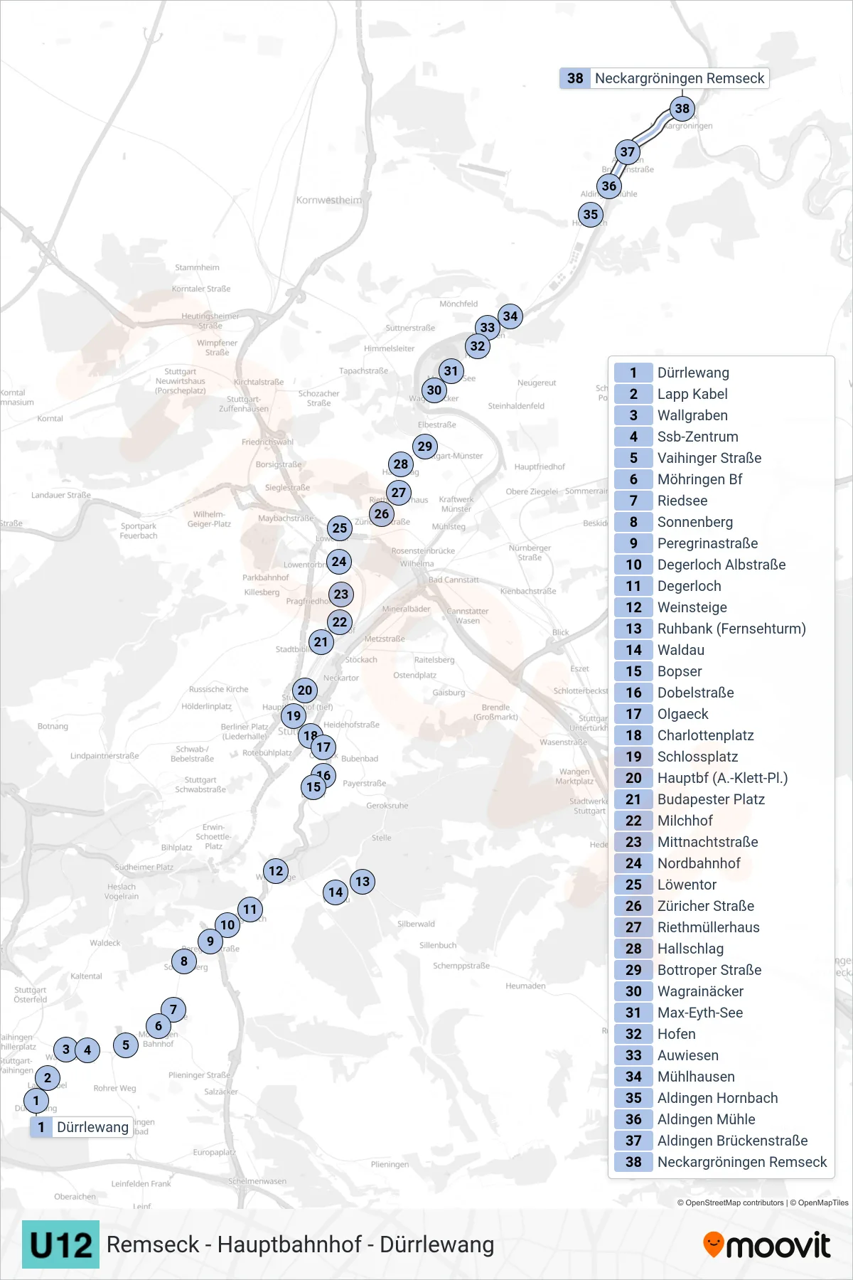 U12 subway Line (Neckargröningen Remseck) route and stops on a map