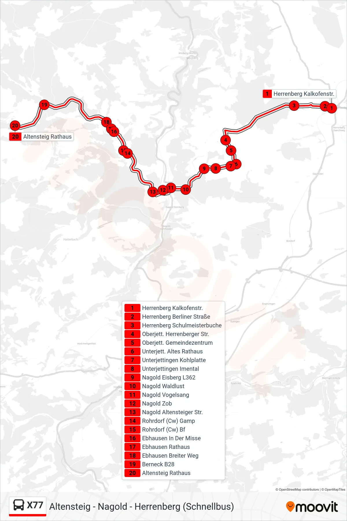 X77 bus Line (Altensteig Rathaus) route and stops on a map