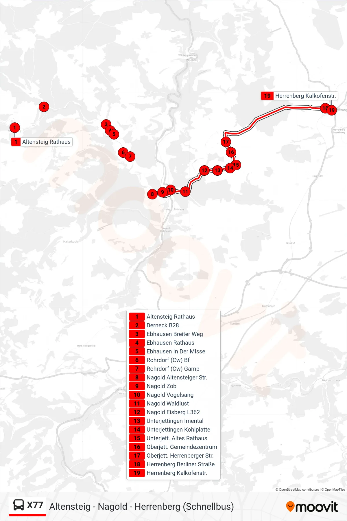 X77 bus Line (Herrenberg Kalkofenstr.) route and stops on a map