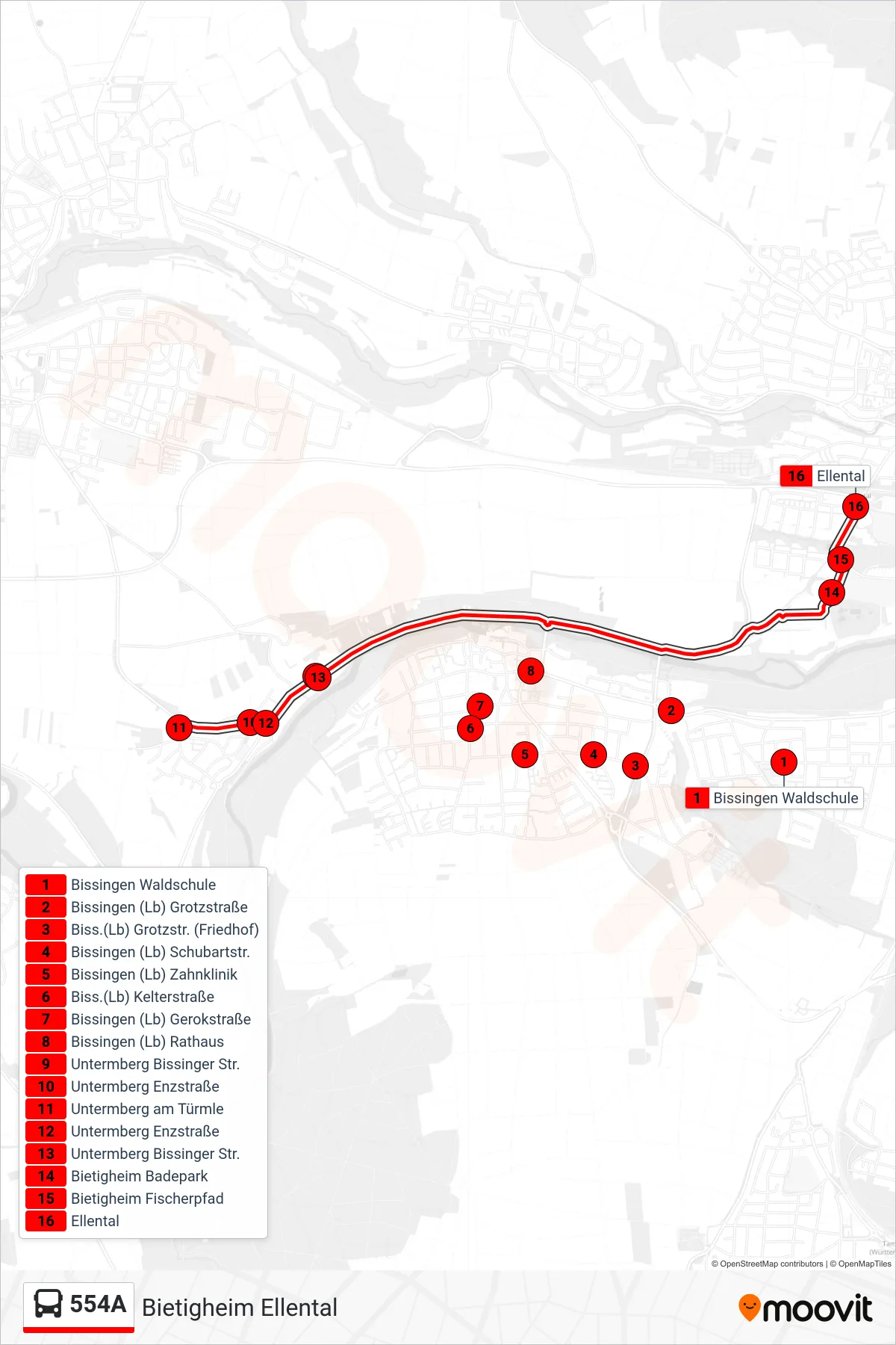 554A bus Line (Bietigheim Ellental) route and stops on a map