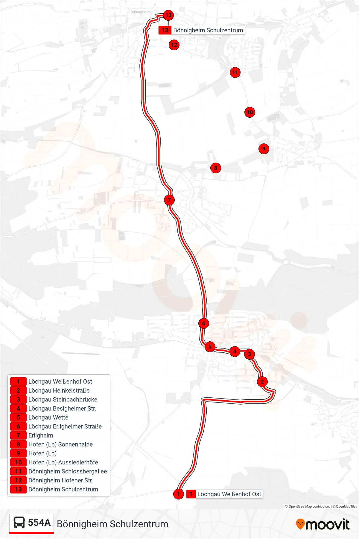Linie 554A (Bus) Richtung Bönnigheim Schulzentrum: Route und Haltestellen auf der Karte