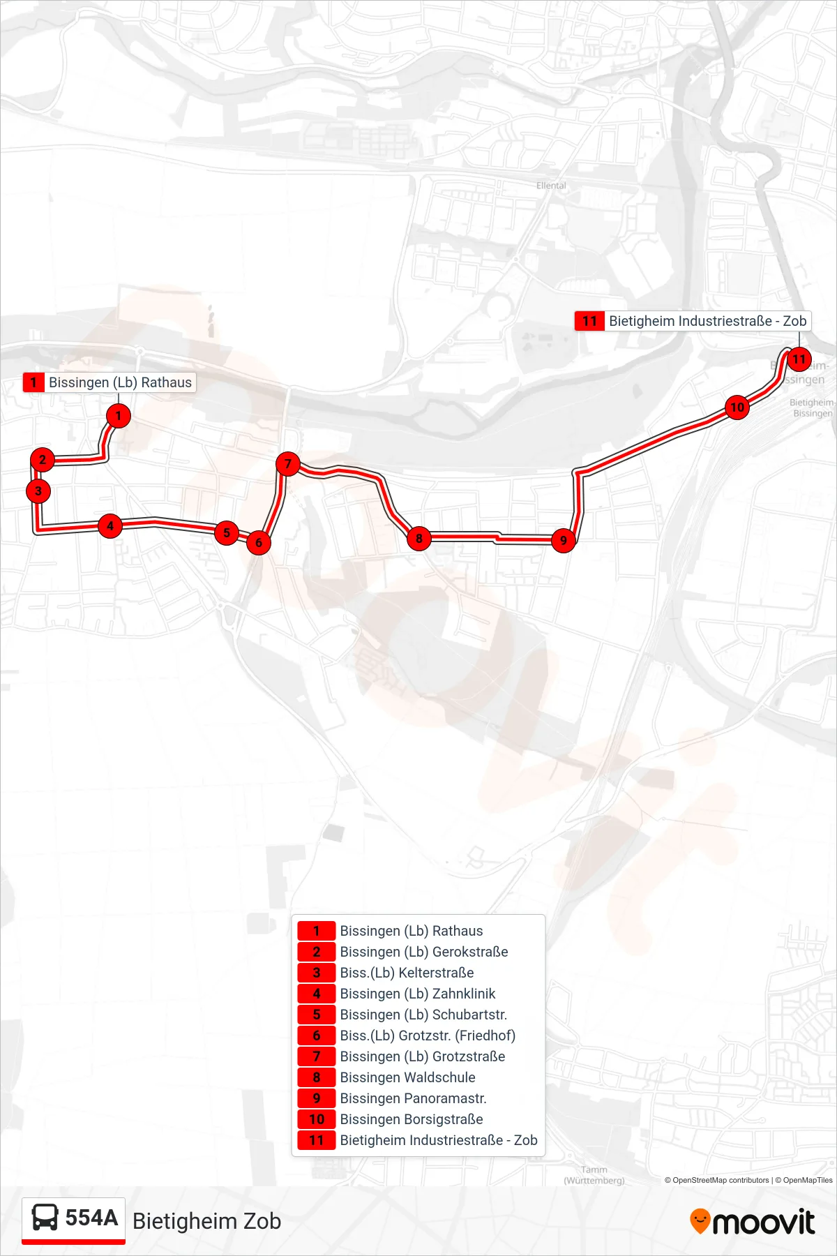 554A bus Line (Bietigheim Zob) route and stops on a map
