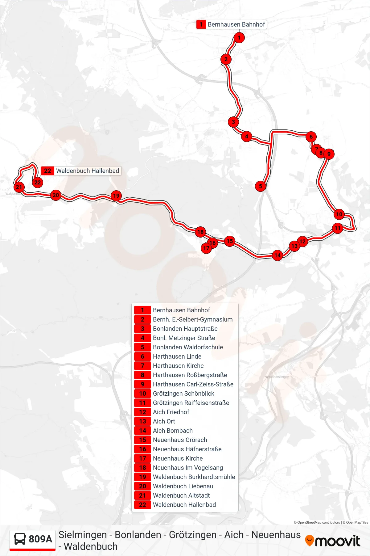 809A bus Line (Waldenbuch Hallenbad) route and stops on a map