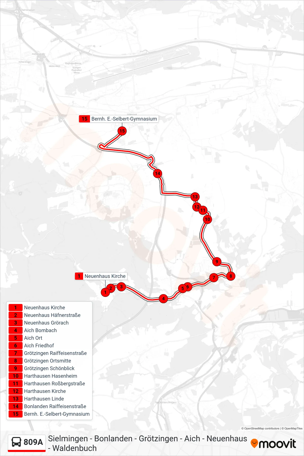 809A bus Line (Bernh. E.-Selbert-Gymnasium) route and stops on a map