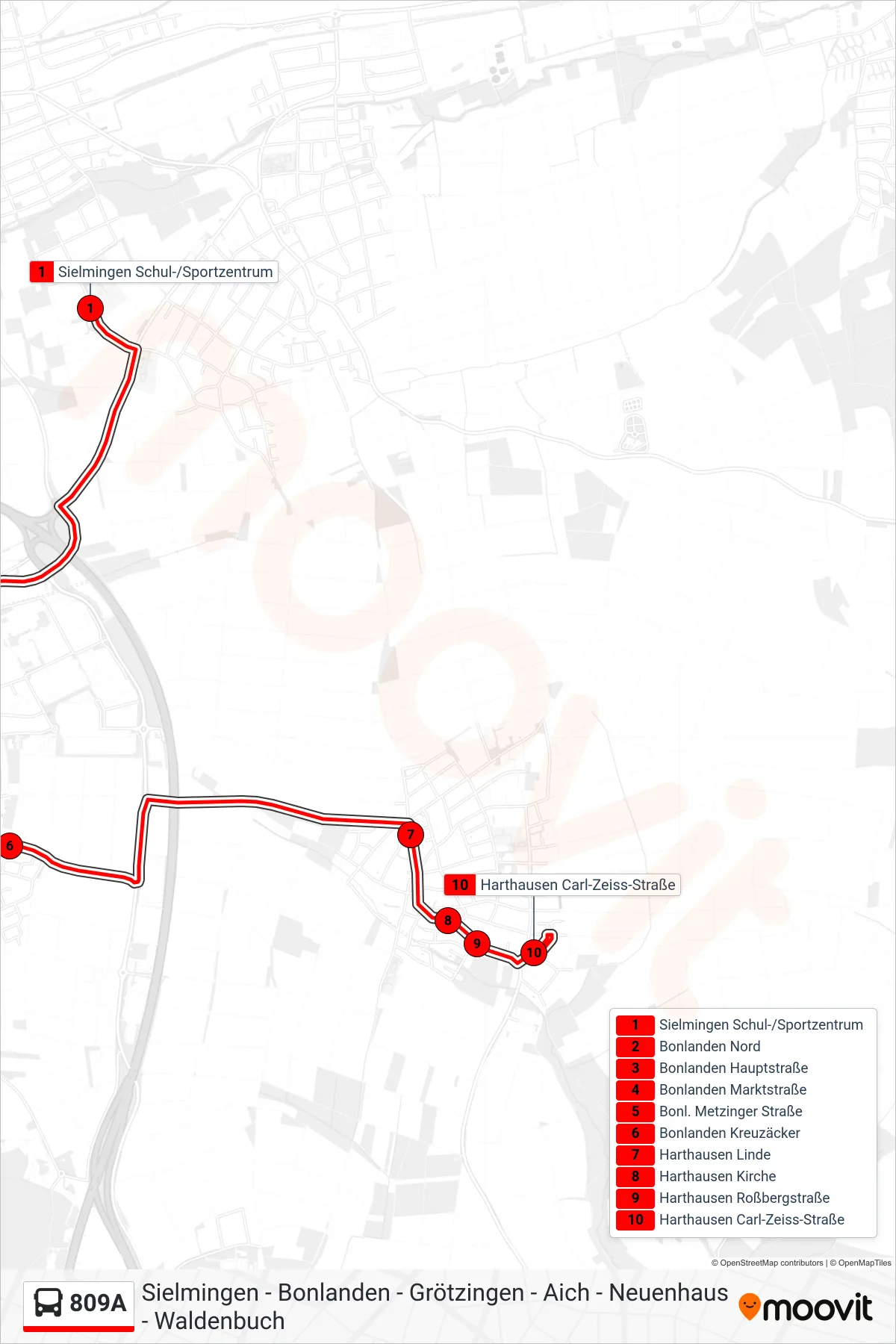 809A bus Line (Harthausen Carl-Zeiss-Straße) route and stops on a map